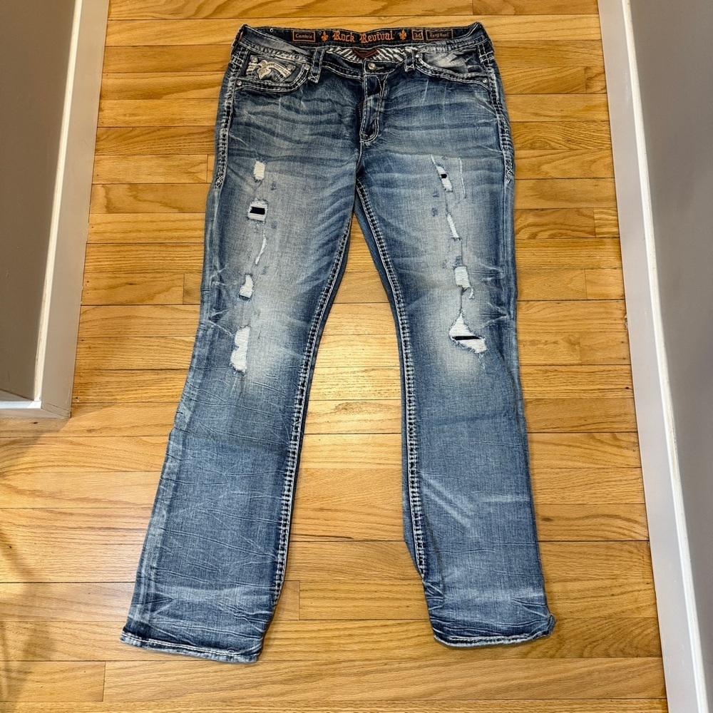 Rock Revival Cambria Easy Fit Distressed Blue Jeans 34/33